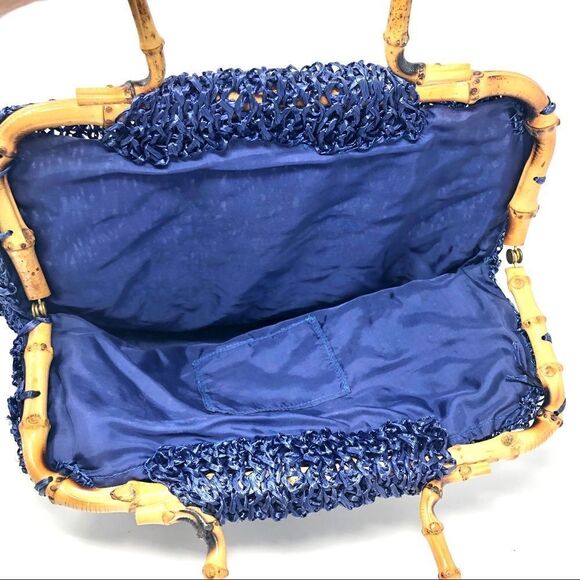 Bamboo and Royal Blue Straw Top Handle Summer Bag - Picture 4 of 7